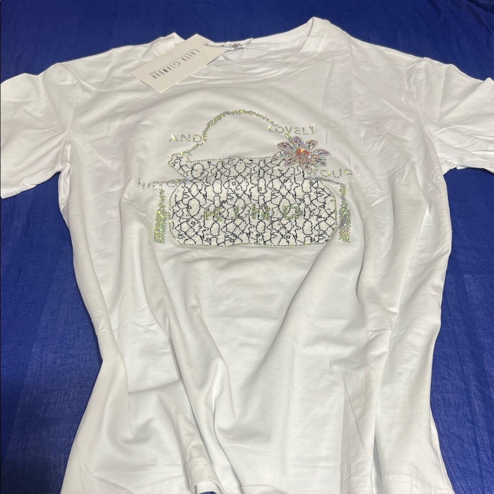 Lalea Glamour Embellished White Graphic Tee with Rhinestone Purse Motif